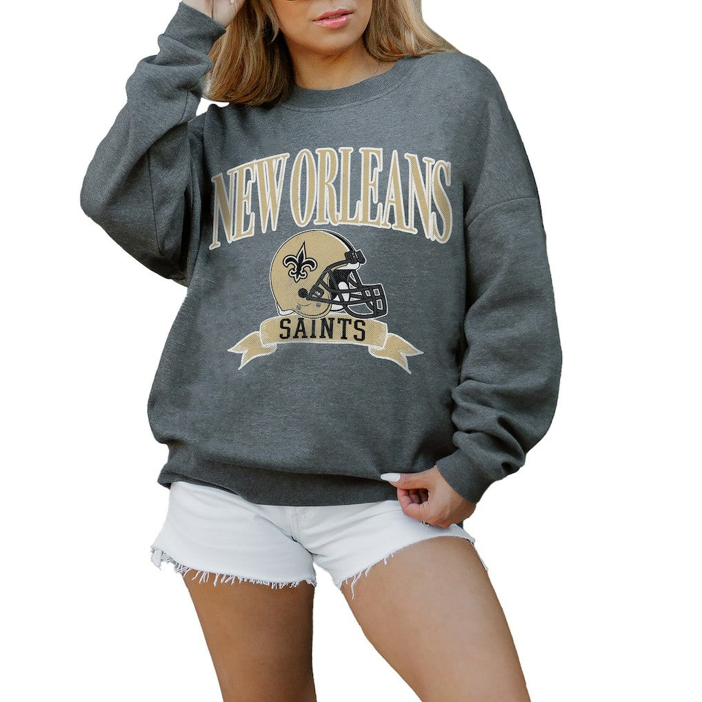 New Orleans Saints Gameday Couture Women's Oversized Seal The Deal Premium Fleece Drop Shoulder Pullover Sweatshirt Charcoal