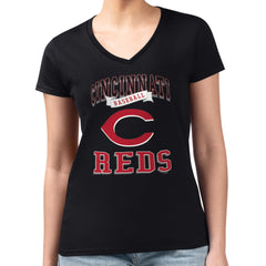 Cincinnati Reds G-III 4Her by Carl Banks Women's Super-Slim Fit Lightweight Team Logo Graphic V-Neck T-Shirt - Black - MLB Discount