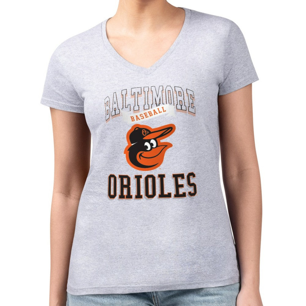 Baltimore Orioles G-III 4Her by Carl Banks Women's Super-Slim Fit Lightweight Team Logo Graphic V-Neck T-Shirt - Heather Gray - MLB on Sale
