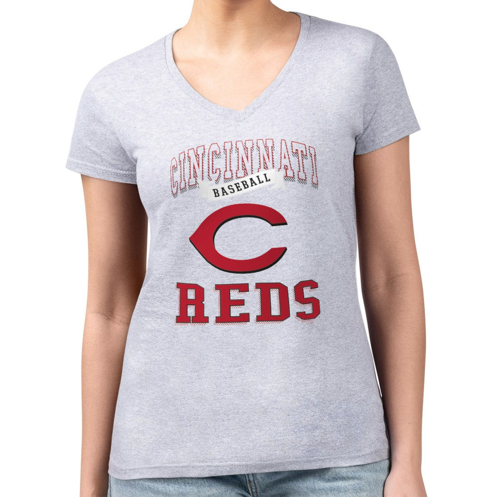 Cincinnati Reds G-III 4Her by Carl Banks Women's Super-Slim Fit Lightweight Team Logo Graphic V-Neck T-Shirt - Heather Gray - MLB on Sale