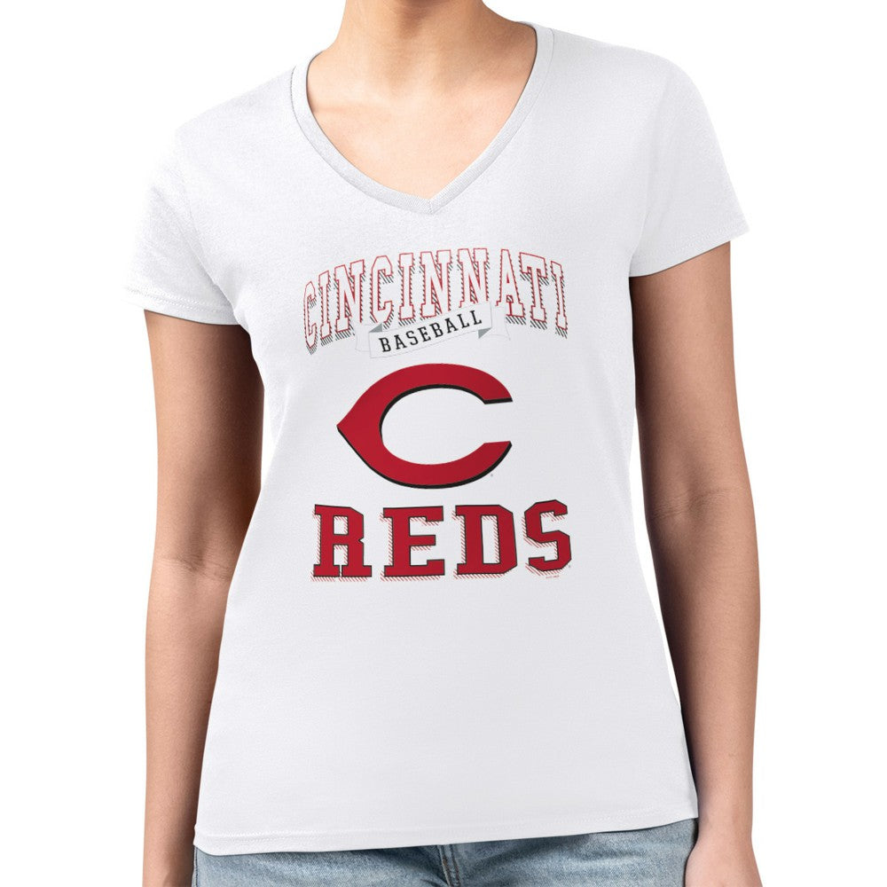Cincinnati Reds G-III 4Her by Carl Banks Women's Super-Slim Fit Lightweight Team Logo Graphic V-Neck T-Shirt - White - MLB Discount