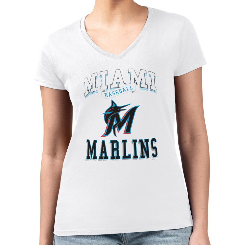 Miami Marlins G-III 4Her by Carl Banks Women's Super-Slim Fit Lightweight Team Logo Graphic V-Neck T-Shirt - White - MLB Discount