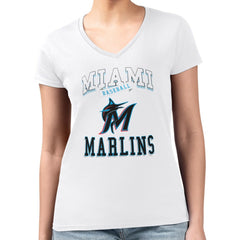 Miami Marlins G-III 4Her by Carl Banks Women's Super-Slim Fit Lightweight Team Logo Graphic V-Neck T-Shirt - White - MLB Discount