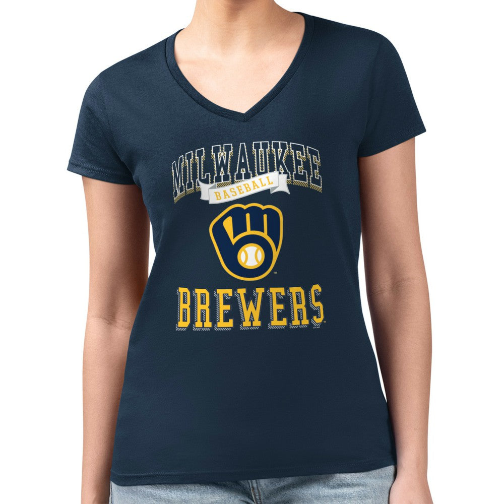 Milwaukee Brewers G-III 4Her by Carl Banks Women's Super-Slim Fit Lightweight Team Logo Graphic V-Neck T-Shirt - Navy - MLB Discount