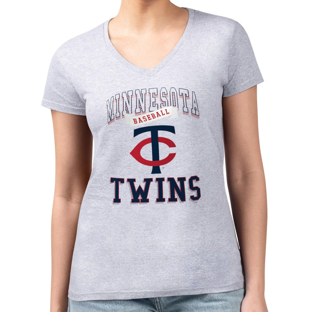 Minnesota Twins G-III 4Her by Carl Banks Women's Super-Slim Fit Lightweight Team Logo Graphic V-Neck T-Shirt - Heather Gray - MLB Online