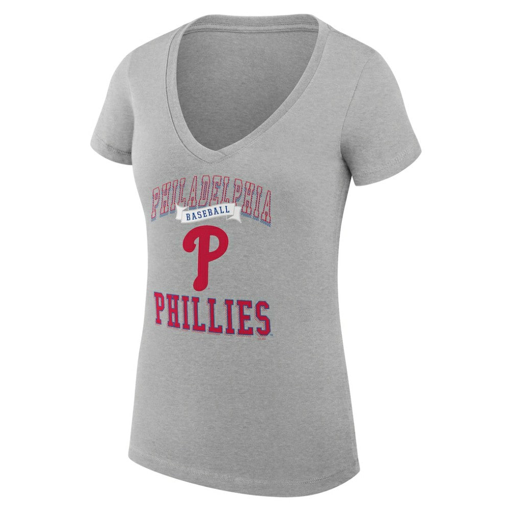 Philadelphia Phillies G-III 4Her by Carl Banks Women's Super-Slim Fit Lightweight Team Logo Graphic V-Neck T-Shirt - Heather Gray - MLB Sale