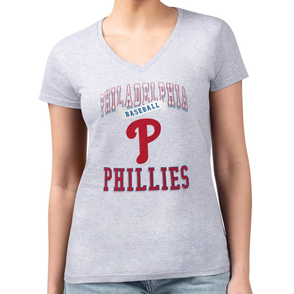 Philadelphia Phillies G-III 4Her by Carl Banks Women's Super-Slim Fit Lightweight Team Logo Graphic V-Neck T-Shirt - Heather Gray - MLB Sale