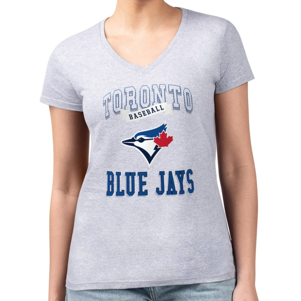 Toronto Blue Jays G-III 4Her by Carl Banks Women's Super-Slim Fit Lightweight Team Logo Graphic V-Neck T-Shirt - Heather Gray - MLB Discount