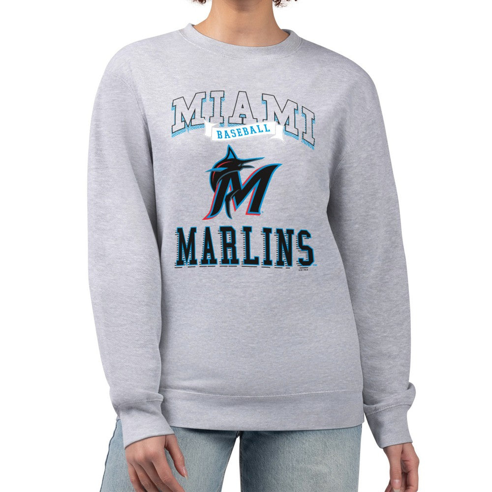 Miami Marlins G-III 4Her by Carl Banks Women's Team Logo Graphic Tri-Blend Fleece Pullover Sweatshirt - Heather Gray - MLB on Sale