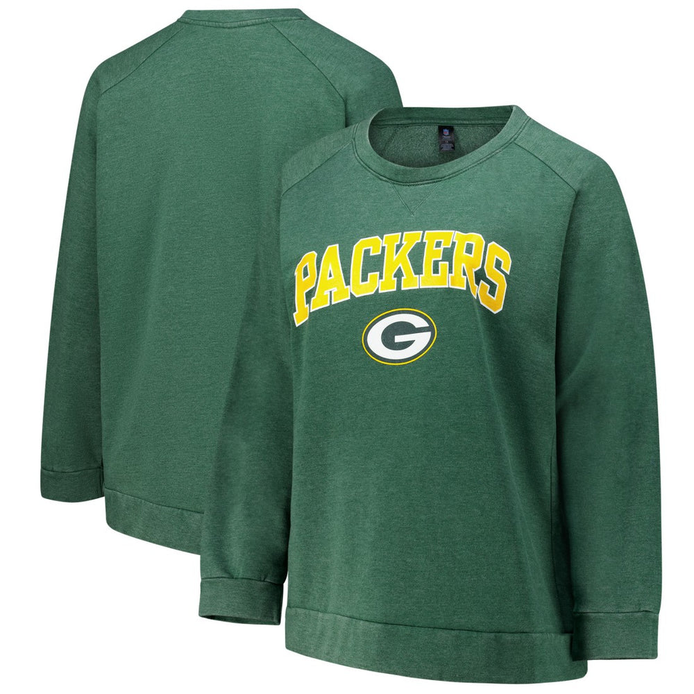 Green Bay Packers Profile Women's Plus Size Acid Wash Raglan Sweatshirt Heather Green