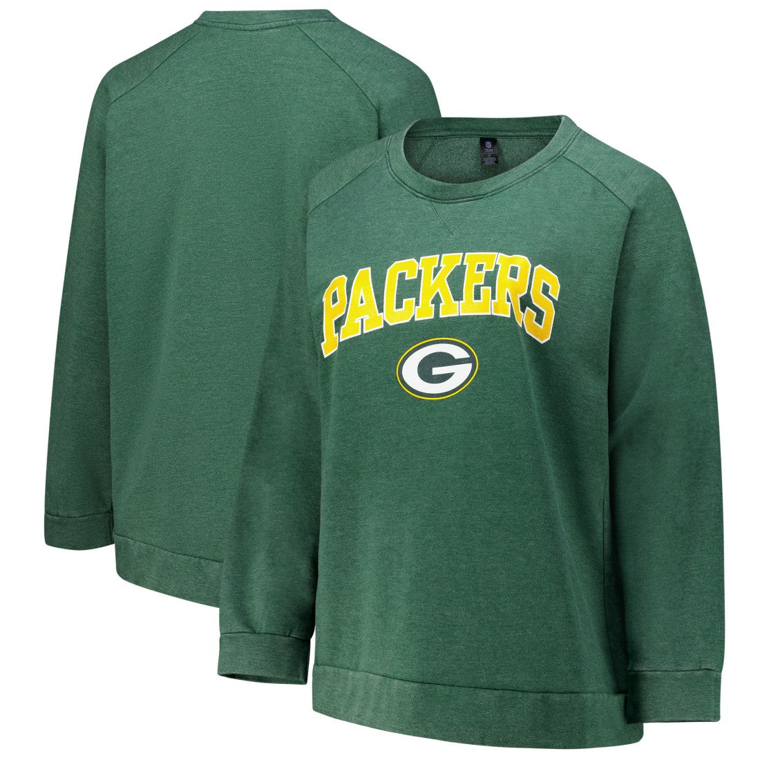 Green Bay Packers Profile Women's Plus Size Acid Wash Raglan Sweatshirt Heather Green