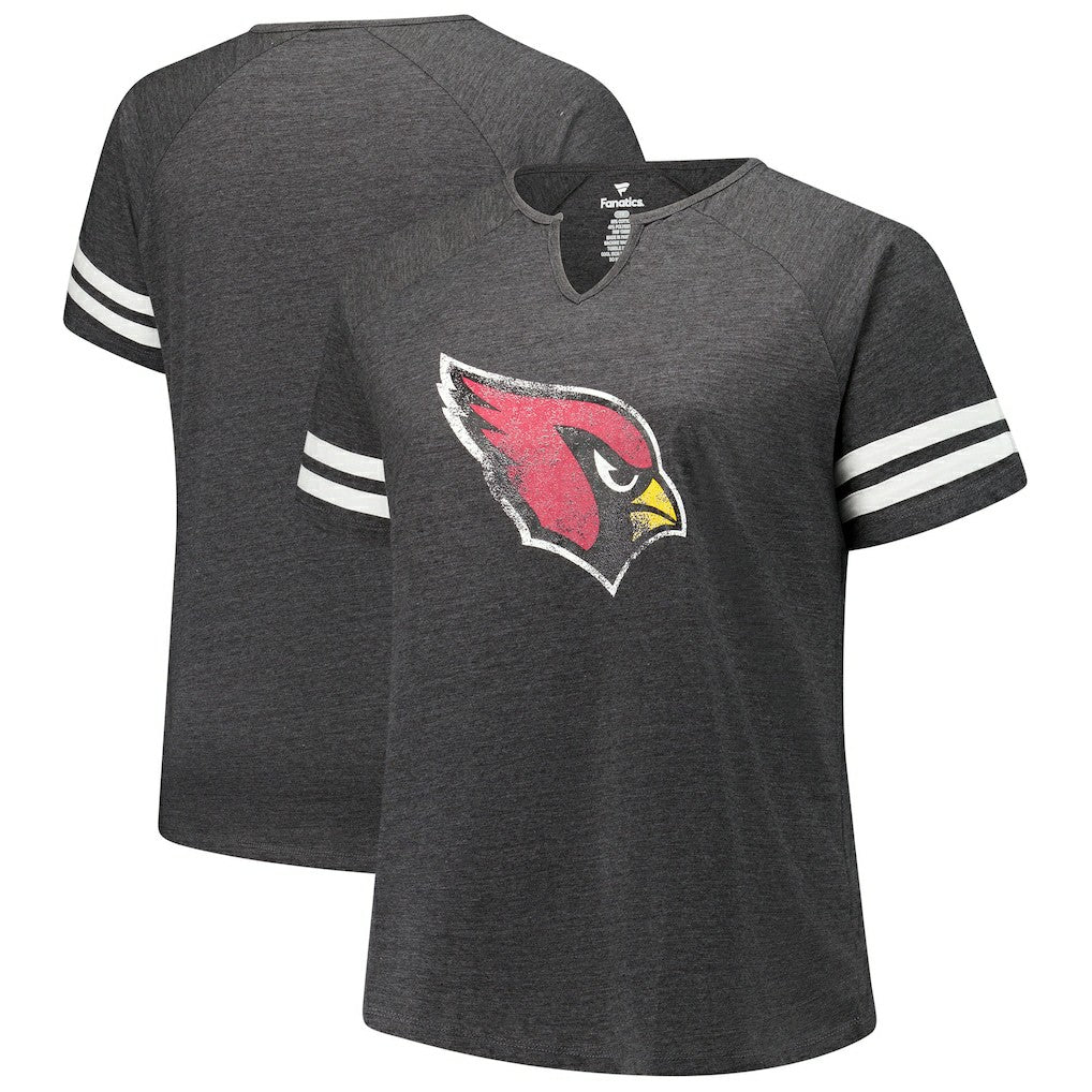 Fanatics Arizona Cardinals Women's Plus Size Logo Striped Raglan Notch Neck T-Shirt Charcoal