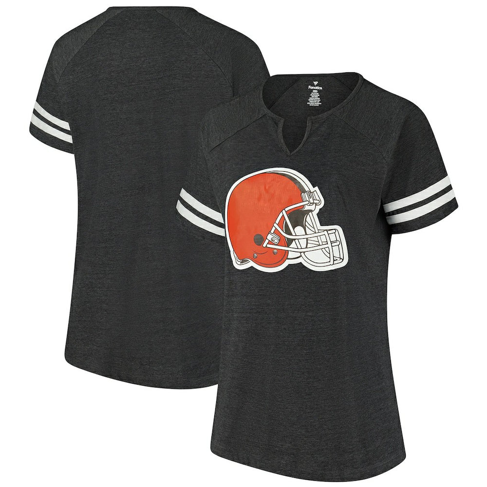 Fanatics Cleveland Browns Women's Plus Size Logo Striped Raglan Notch Neck T-Shirt Charcoal
