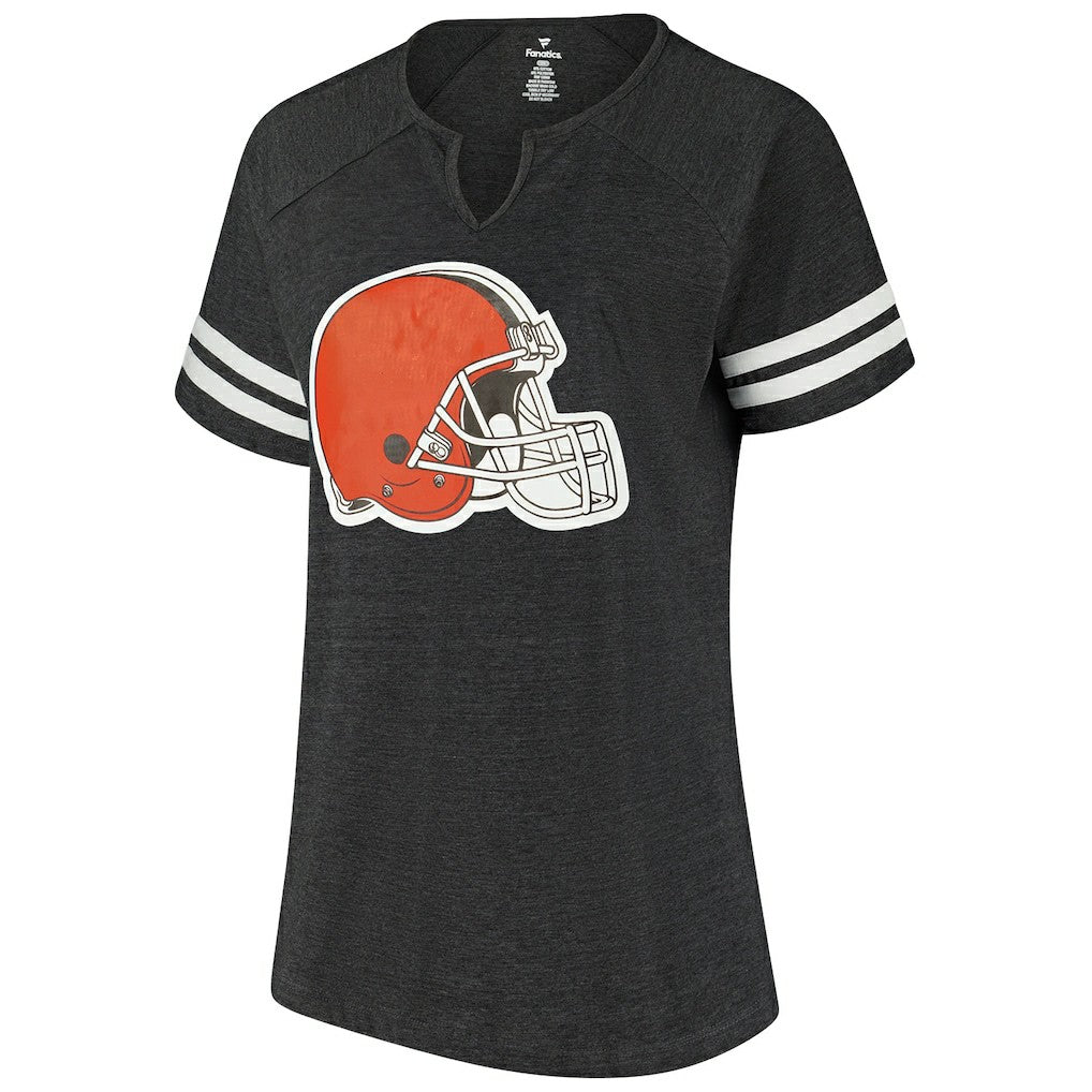 Fanatics Cleveland Browns Women's Plus Size Logo Striped Raglan Notch Neck T-Shirt Charcoal