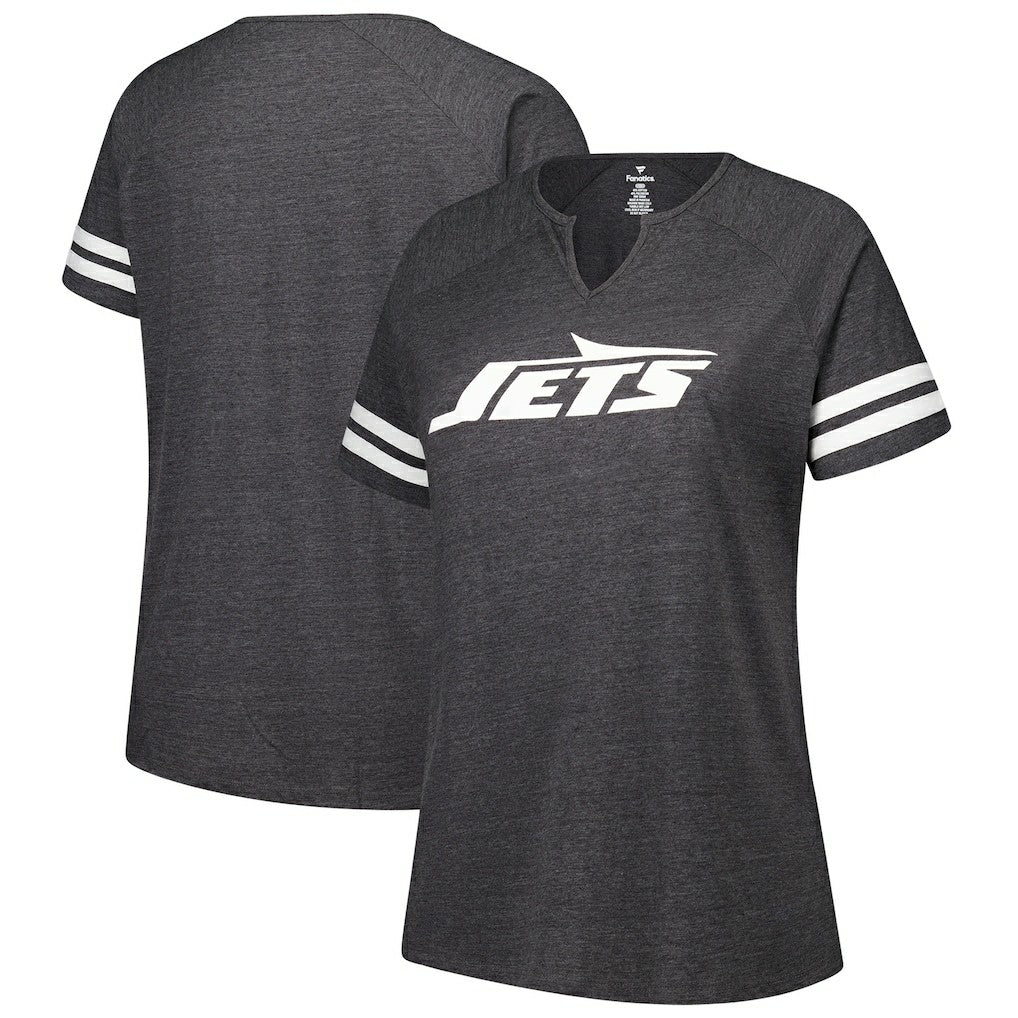 Fanatics New York Jets Women's Plus Size Logo Striped Raglan Notch Neck T-Shirt Charcoal