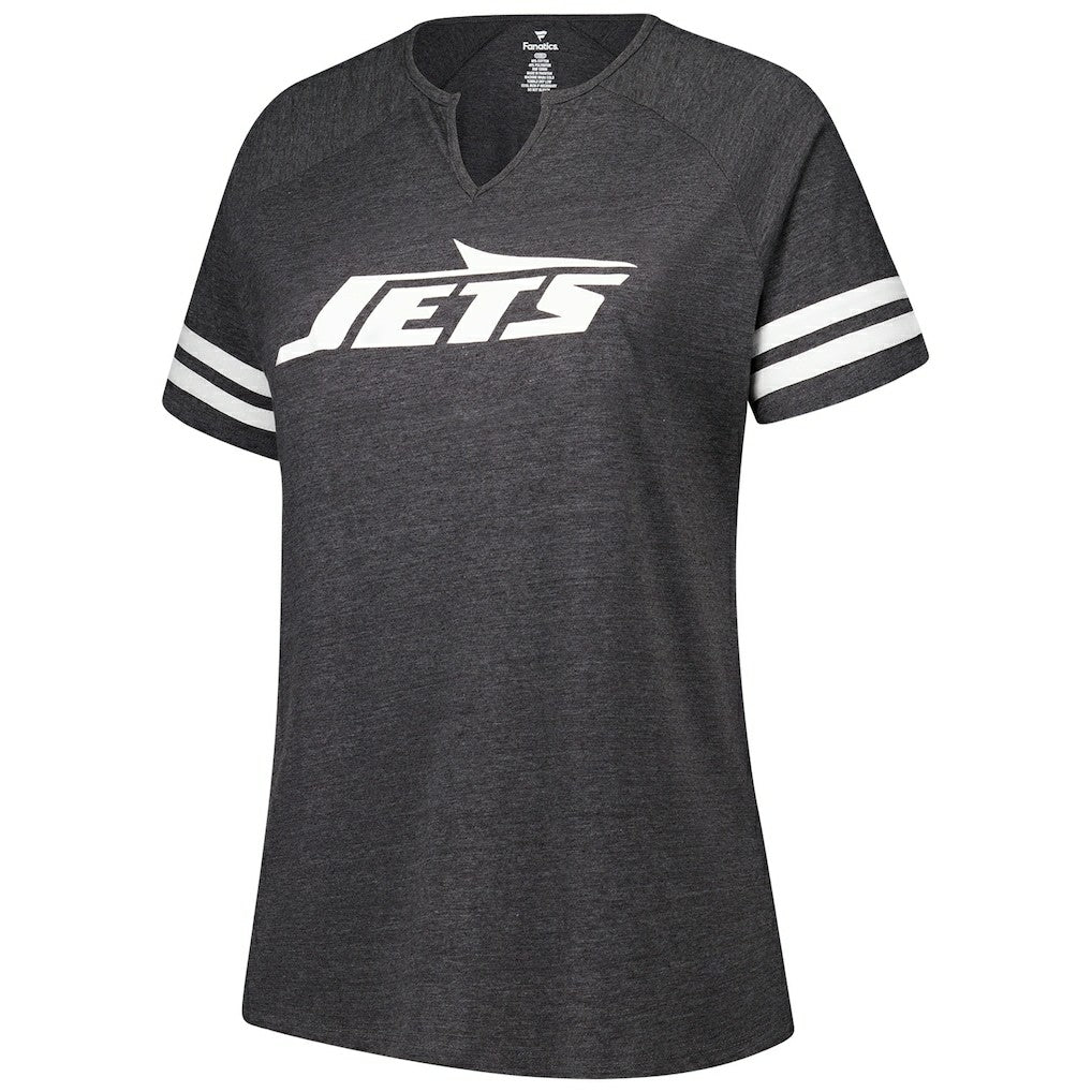 Fanatics New York Jets Women's Plus Size Logo Striped Raglan Notch Neck T-Shirt Charcoal