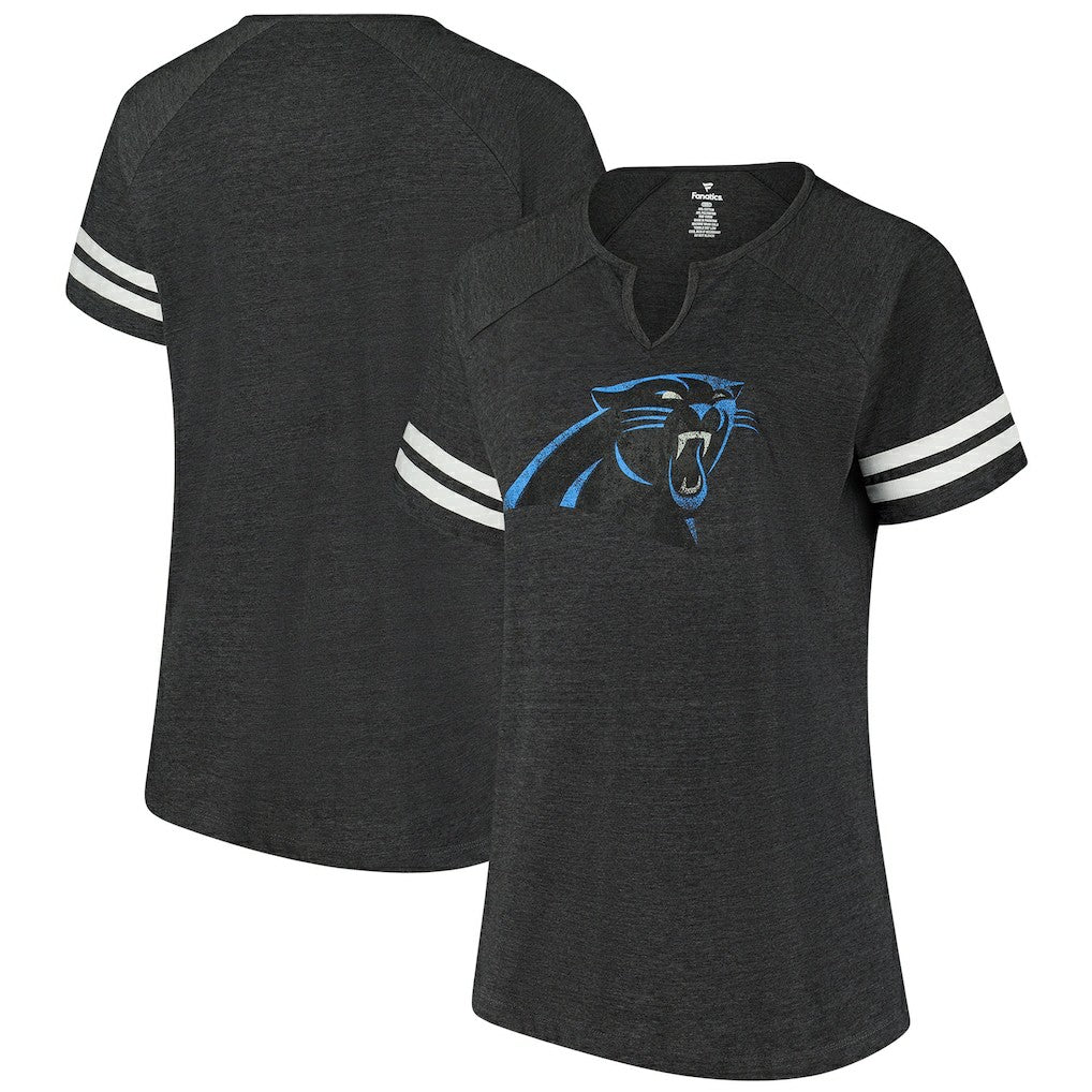 Fanatics Carolina Panthers Women's Plus Size Logo Striped Raglan Notch Neck T-Shirt Black