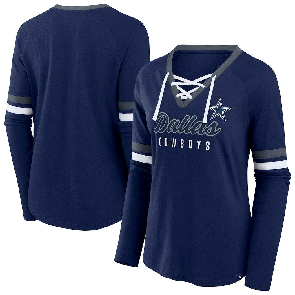 Fanatics Dallas Cowboys Women's Plus Size Won & Done Lace-Up V-Neck Long Sleeve T-Shirt Navy