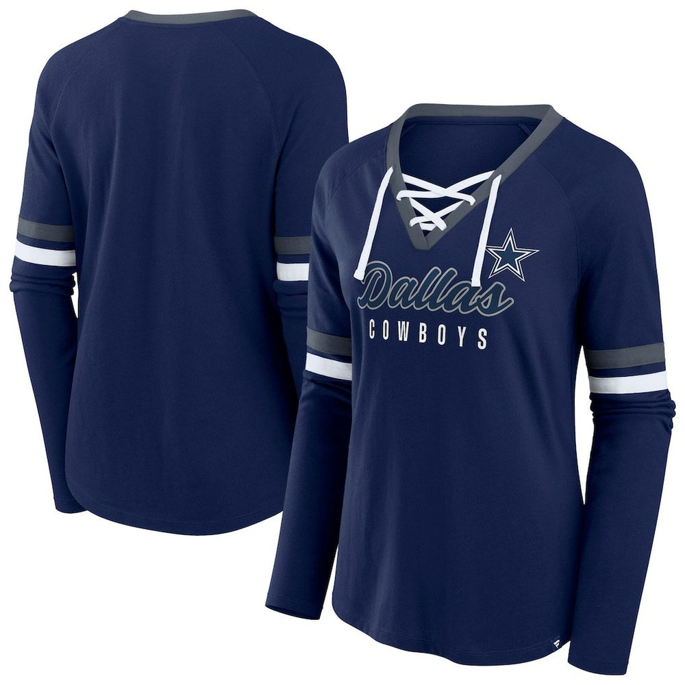 Fanatics Dallas Cowboys Women's Plus Size Won & Done Lace-Up V-Neck Long Sleeve T-Shirt Navy