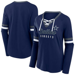 Fanatics Dallas Cowboys Women's Plus Size Won & Done Lace-Up V-Neck Long Sleeve T-Shirt Navy