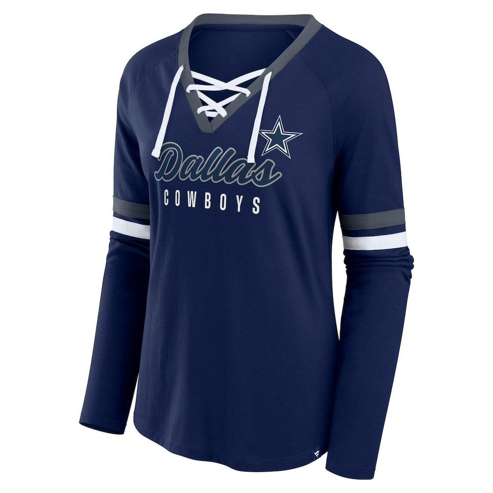 Fanatics Dallas Cowboys Women's Plus Size Won & Done Lace-Up V-Neck Long Sleeve T-Shirt Navy