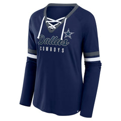 Fanatics Dallas Cowboys Women's Plus Size Won & Done Lace-Up V-Neck Long Sleeve T-Shirt Navy