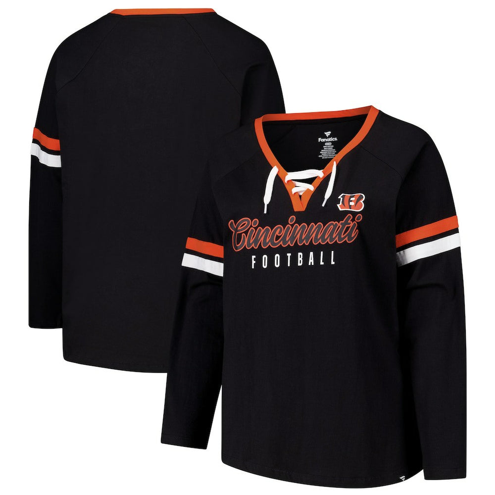 Fanatics Cincinnati Bengals Women's Plus Size Won & Done Lace-Up V-Neck Long Sleeve T-Shirt Black