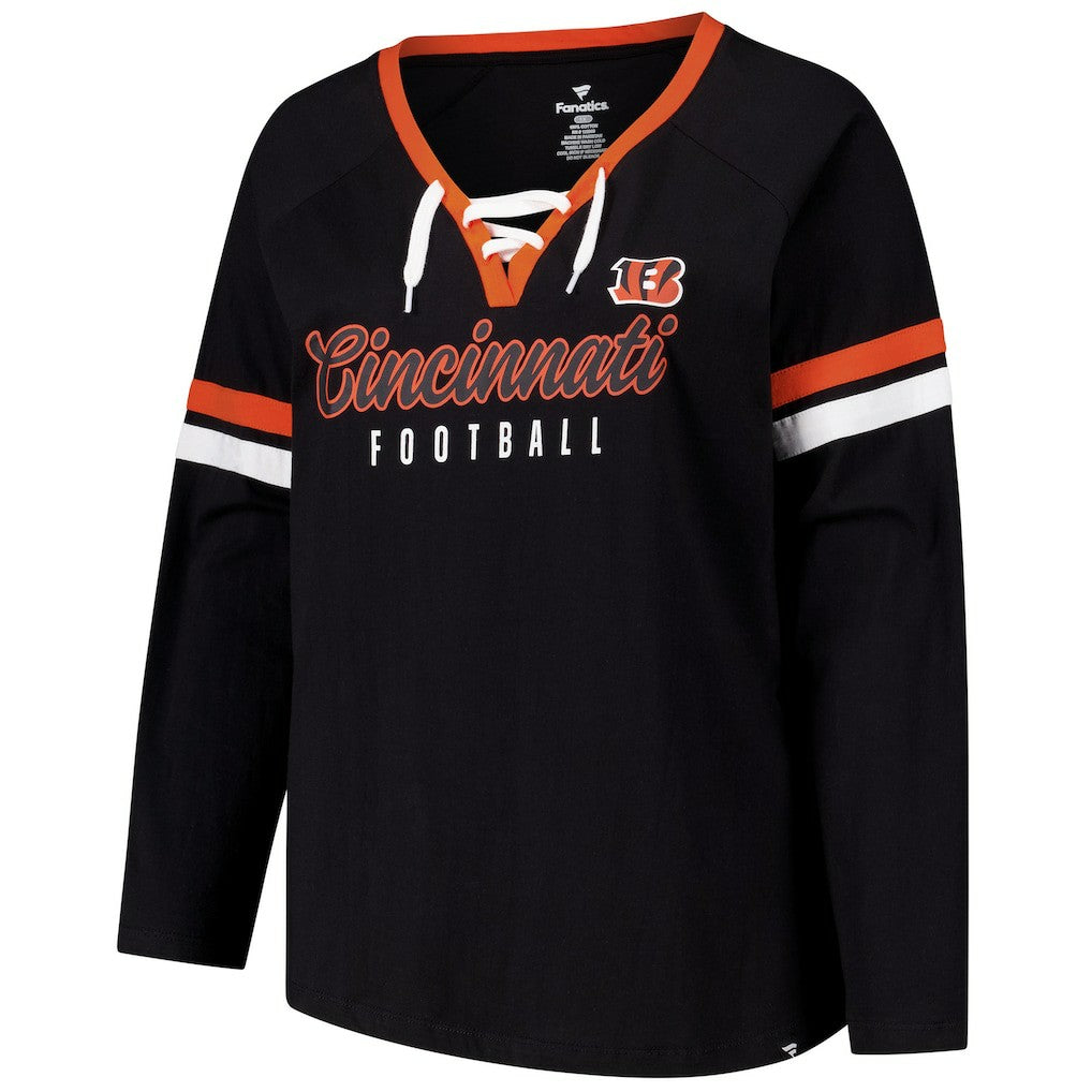 Fanatics Cincinnati Bengals Women's Plus Size Won & Done Lace-Up V-Neck Long Sleeve T-Shirt Black