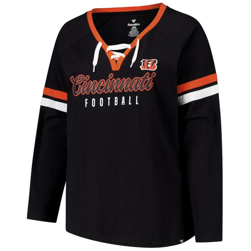 Fanatics Cincinnati Bengals Women's Plus Size Won & Done Lace-Up V-Neck Long Sleeve T-Shirt Black