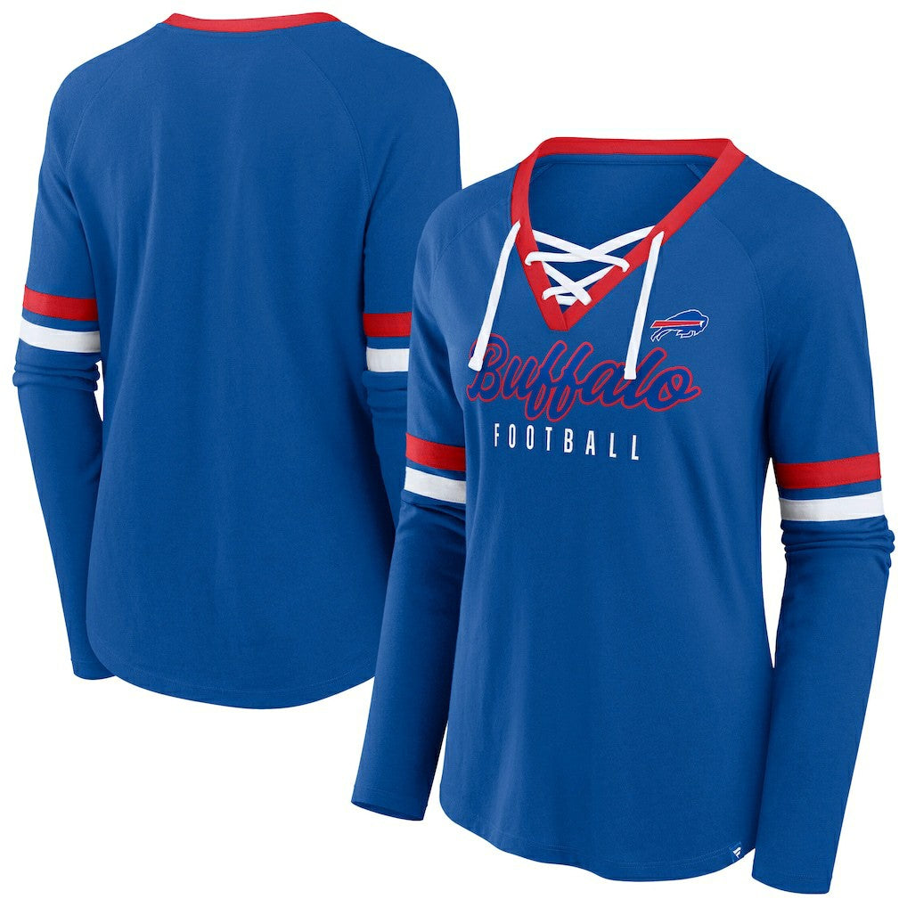 Fanatics Buffalo Bills Women's Plus Size Won & Done Lace-Up V-Neck Long Sleeve T-Shirt Royal