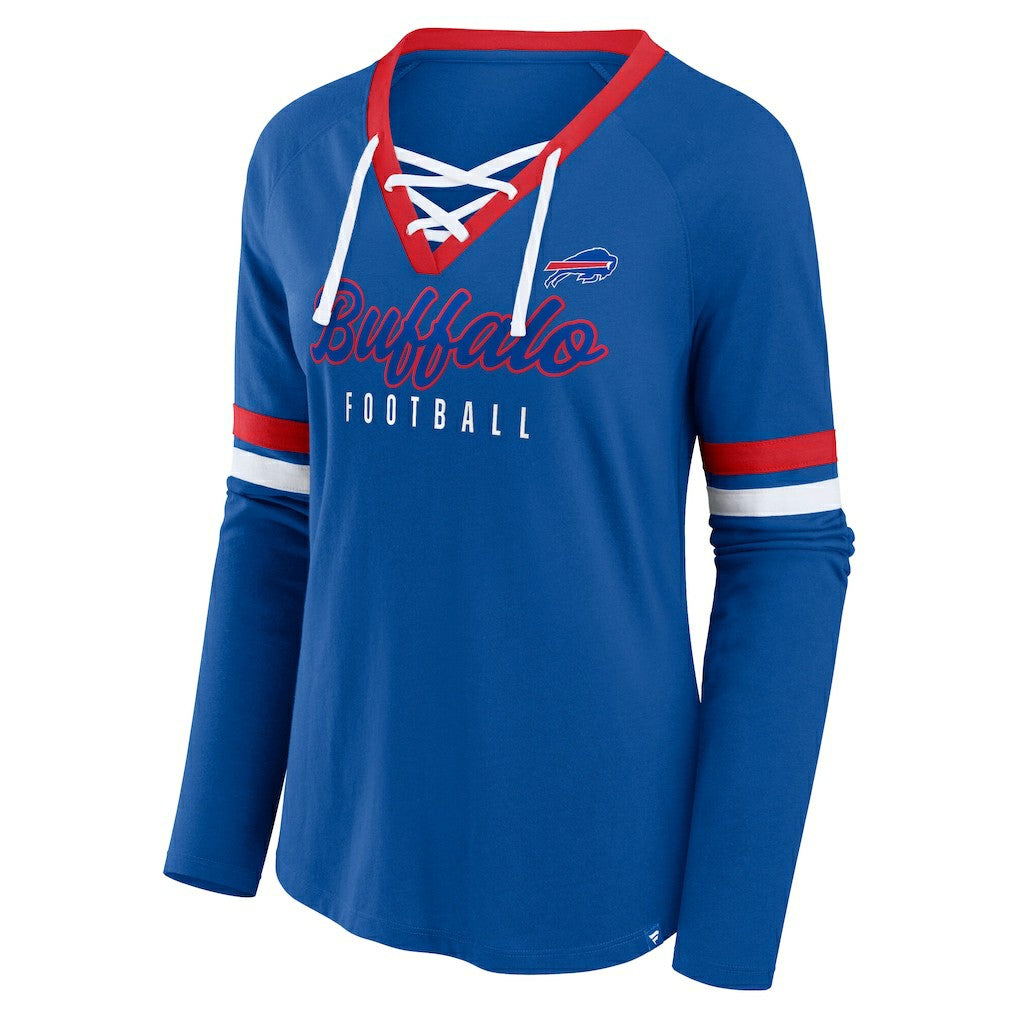 Fanatics Buffalo Bills Women's Plus Size Won & Done Lace-Up V-Neck Long Sleeve T-Shirt Royal