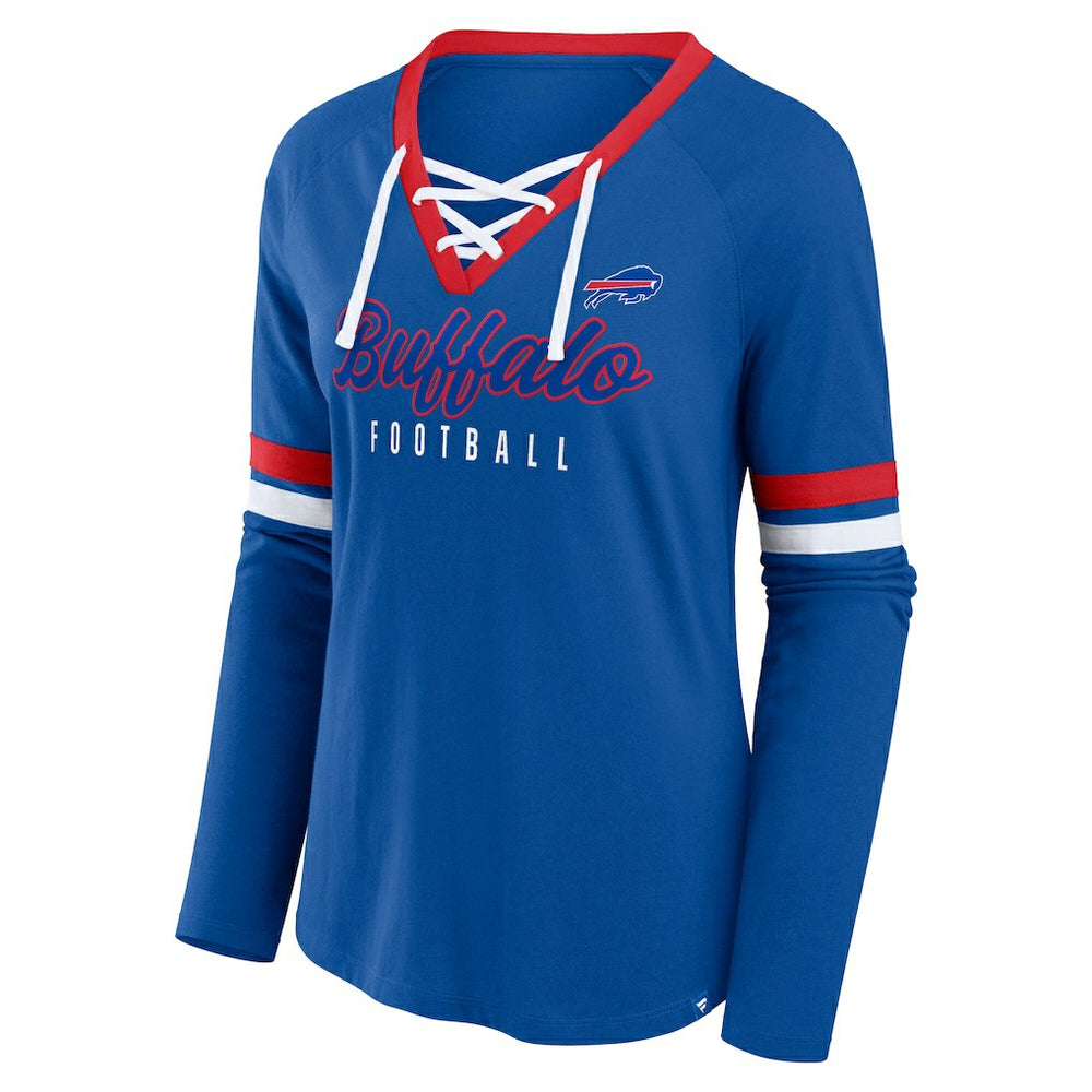 Fanatics Buffalo Bills Women's Plus Size Won & Done Lace-Up V-Neck Long Sleeve T-Shirt Royal