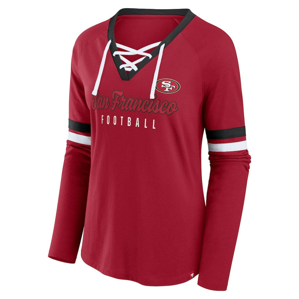 Fanatics San Francisco 49ers Women's Plus Size Won & Done Lace-Up V-Neck Long Sleeve T-Shirt Scarlet