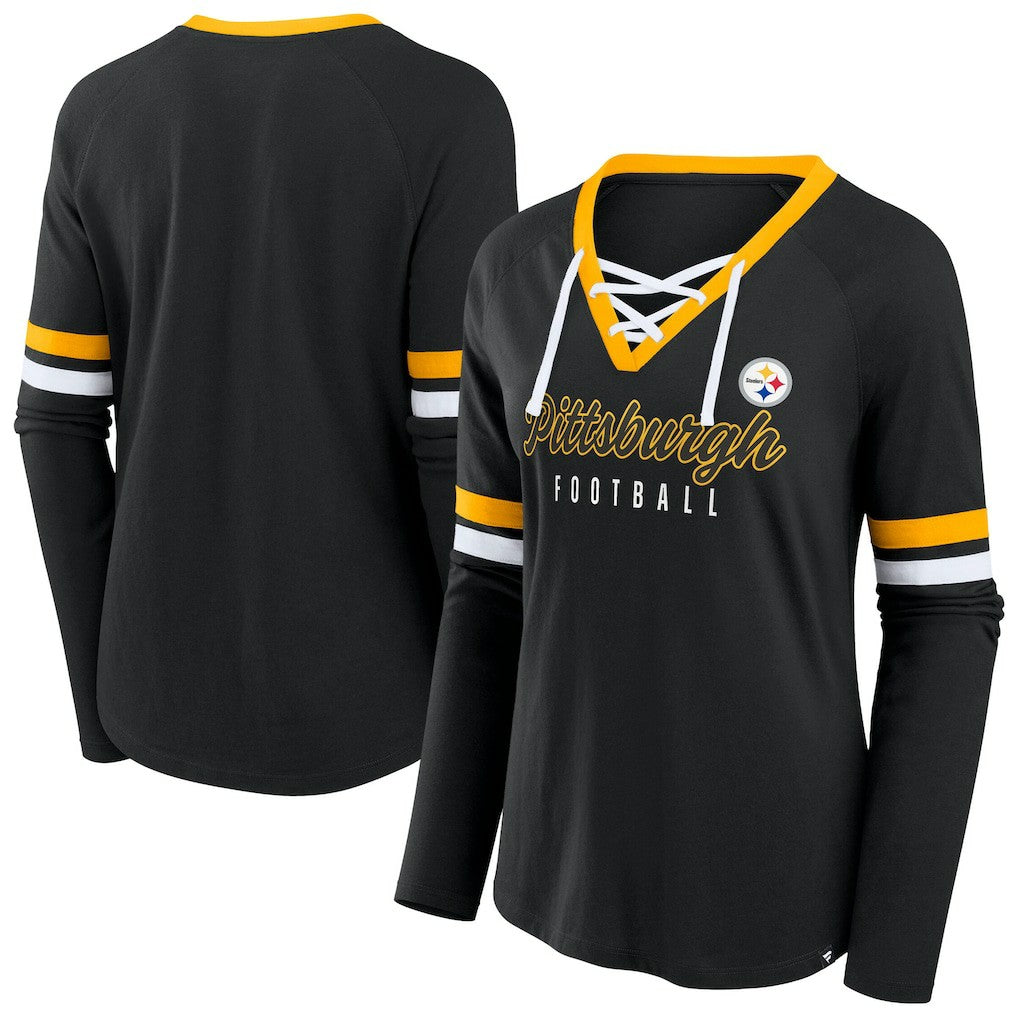 Fanatics Pittsburgh Steelers Women's Plus Size Won & Done Lace-Up V-Neck Long Sleeve T-Shirt Black