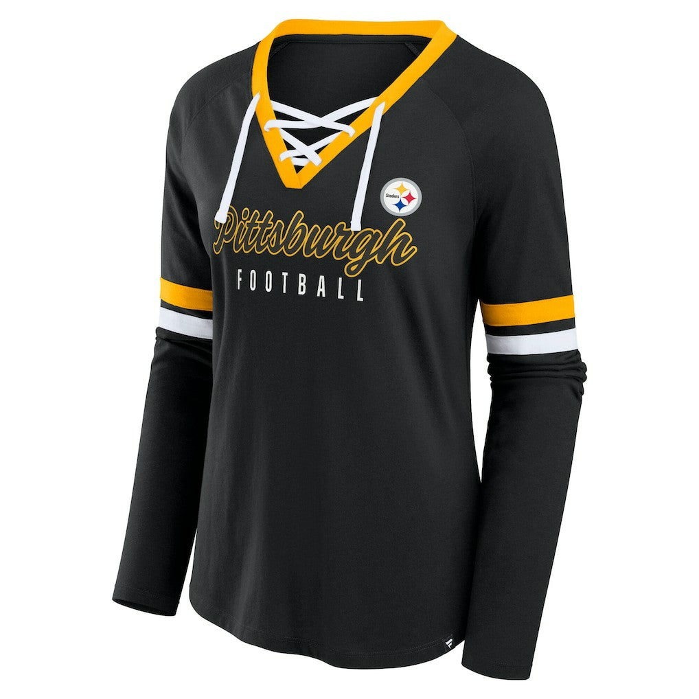 Fanatics Pittsburgh Steelers Women's Plus Size Won & Done Lace-Up V-Neck Long Sleeve T-Shirt Black