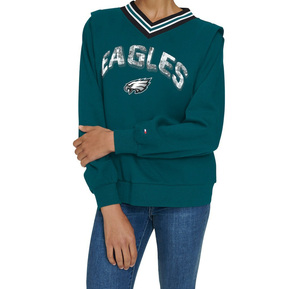 Philadelphia Eagles Tommy Hilfiger Women's Alice V-Neck Pullover Sweatshirt Midnight Green