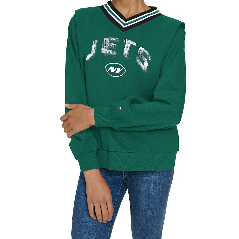 New York Jets Tommy Hilfiger Women's Alice V-Neck Pullover Sweatshirt Green