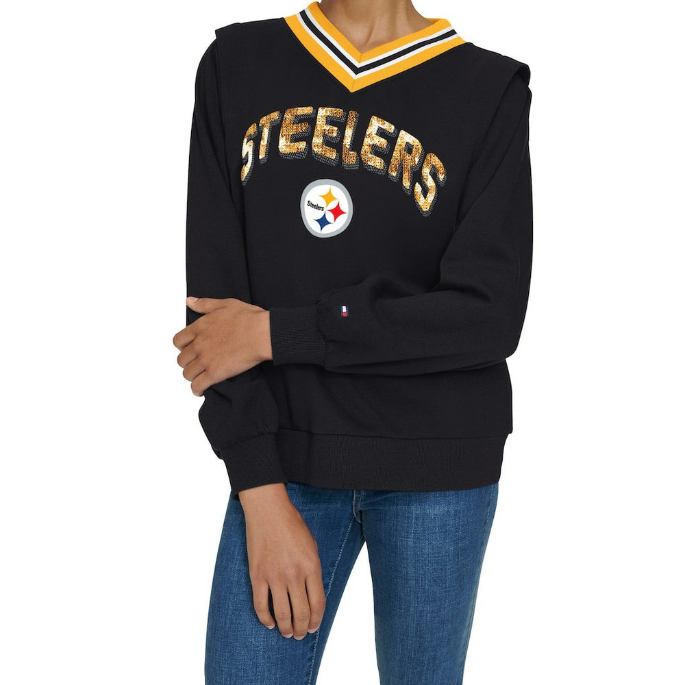Pittsburgh Steelers Tommy Hilfiger Women's Alice V-Neck Pullover Sweatshirt Black