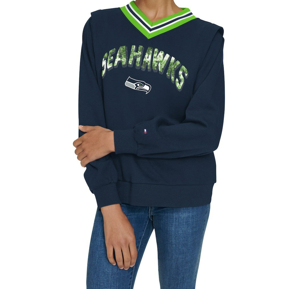 Seattle Seahawks Tommy Hilfiger Women's Alice V-Neck Pullover Sweatshirt Navy