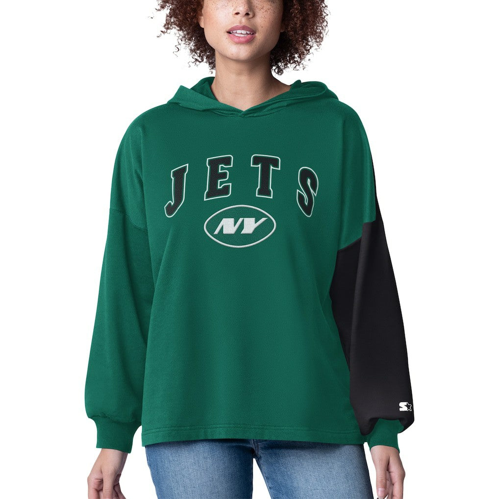 New York Jets Starter Women's Power Move Long Sleeve Pullover Hoodie Green