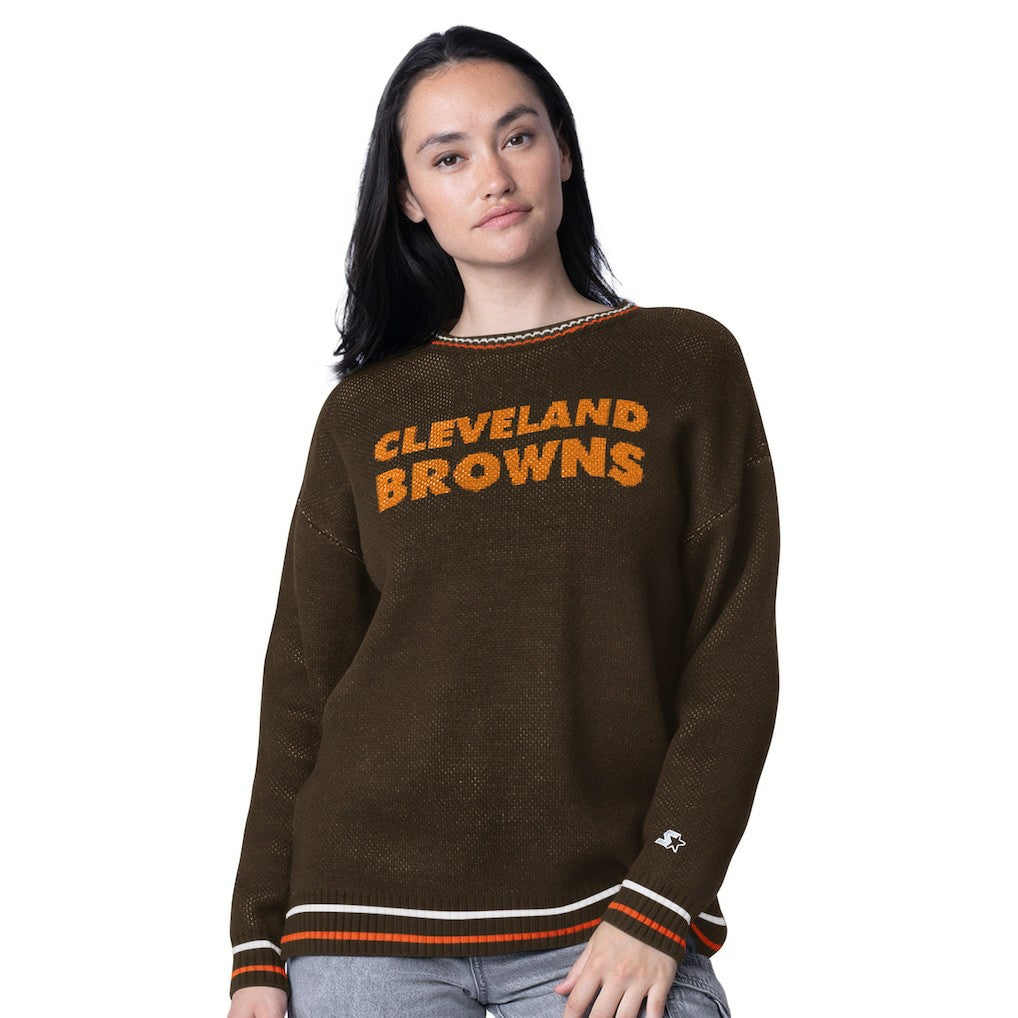 Cleveland Browns Starter Women's Oversized On the Ball Intarsia Knit Pullover Sweater Brown