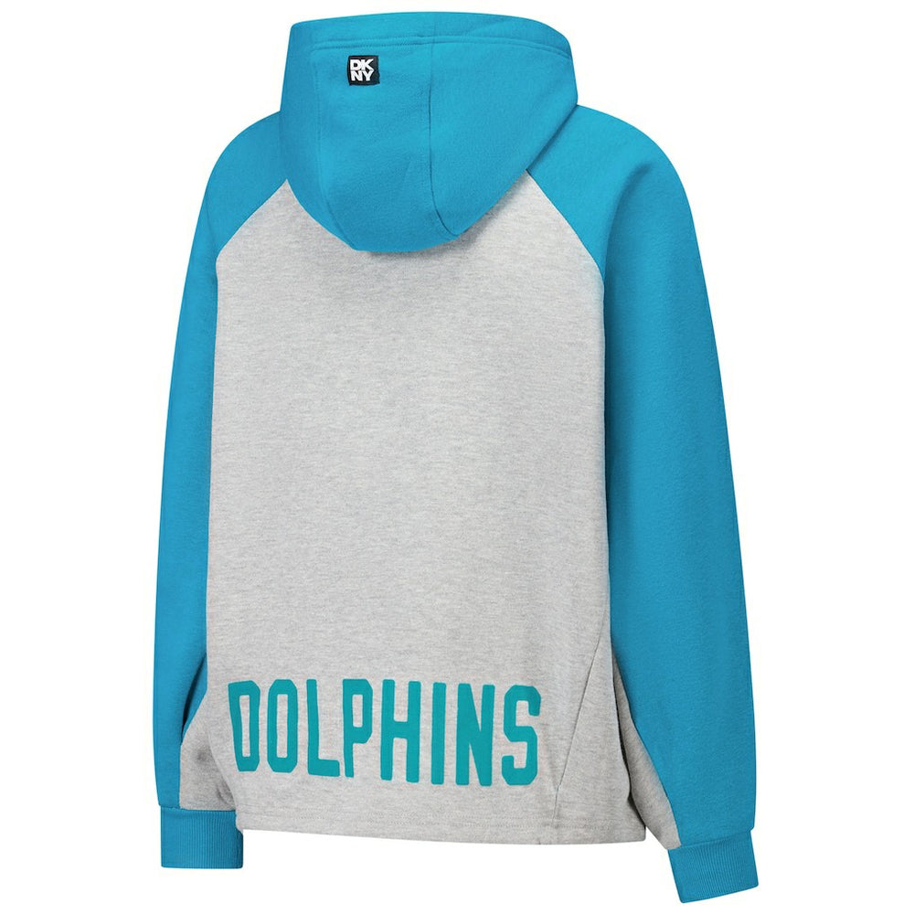 Miami Dolphins DKNY Sport Women's Joy Cropped Raglan Pullover Hoodie - Gray/Aqua
