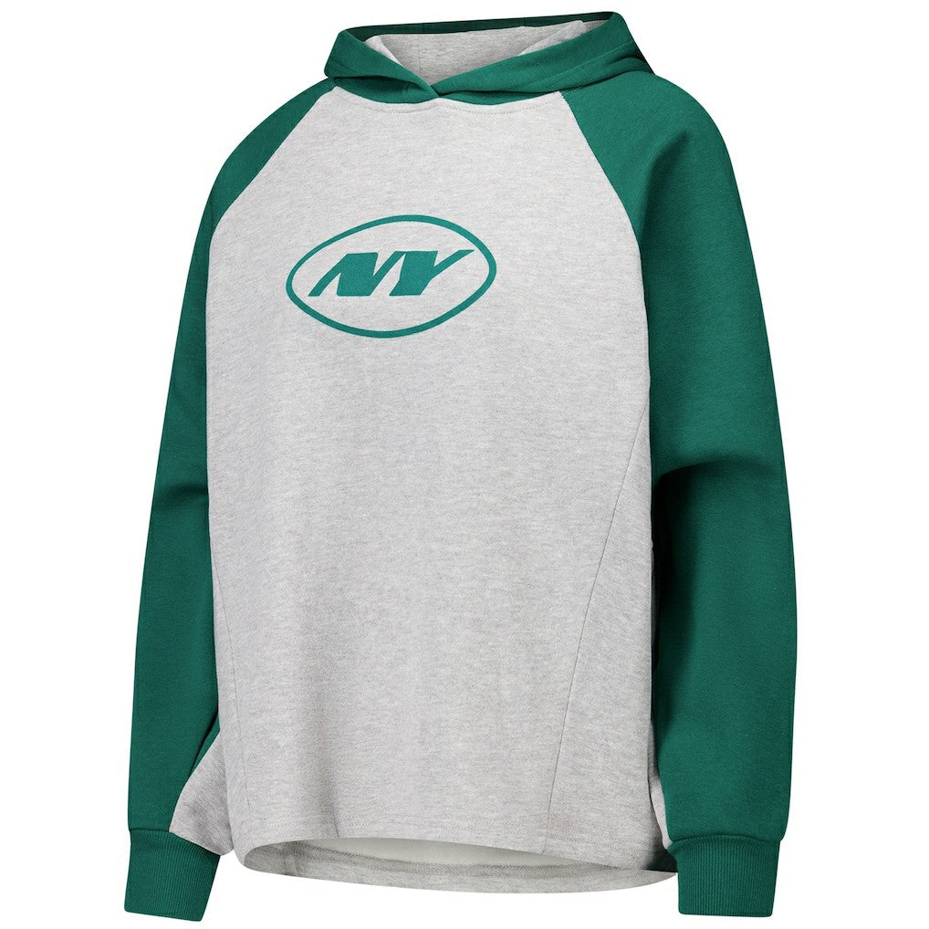 New York Jets DKNY Sport Women's Joy Cropped Raglan Pullover Hoodie - Gray/Green