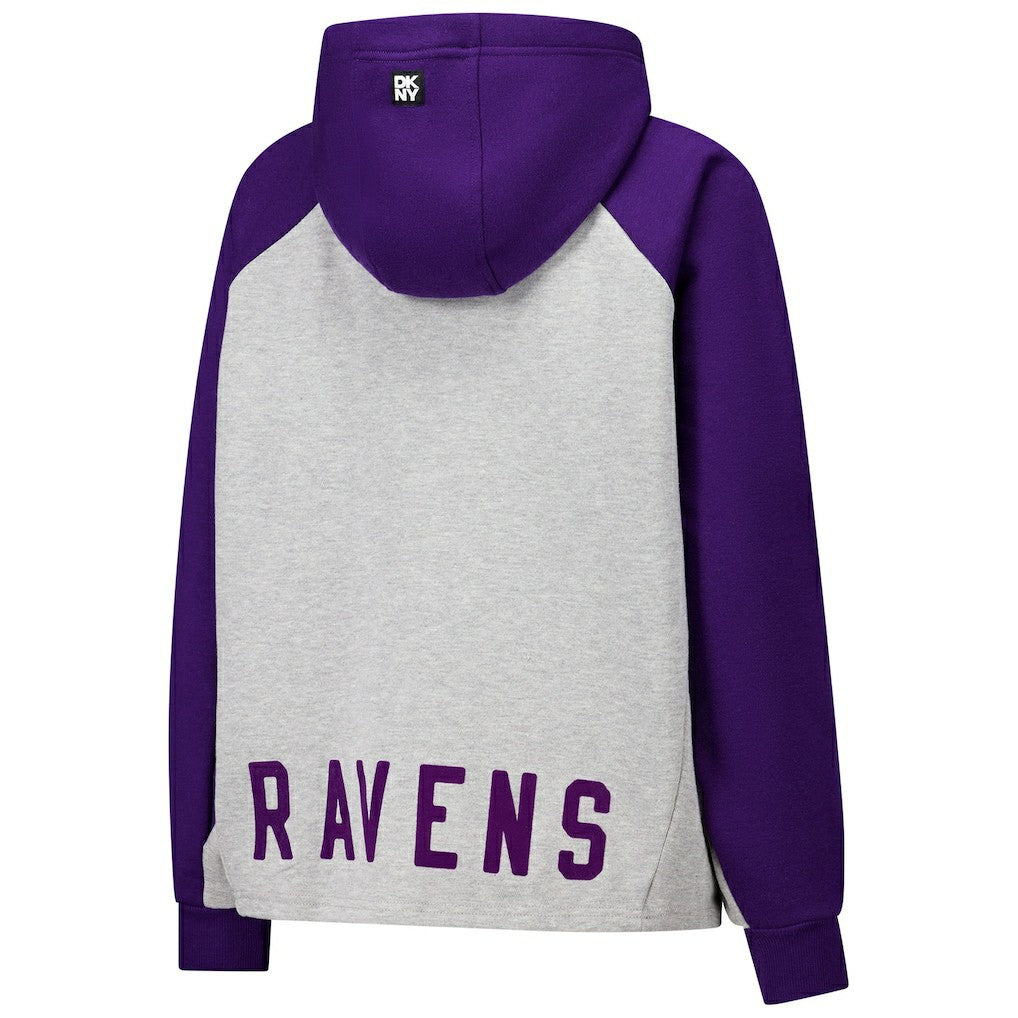 Baltimore Ravens DKNY Sport Women's Joy Cropped Raglan Pullover Hoodie - Gray/Purple
