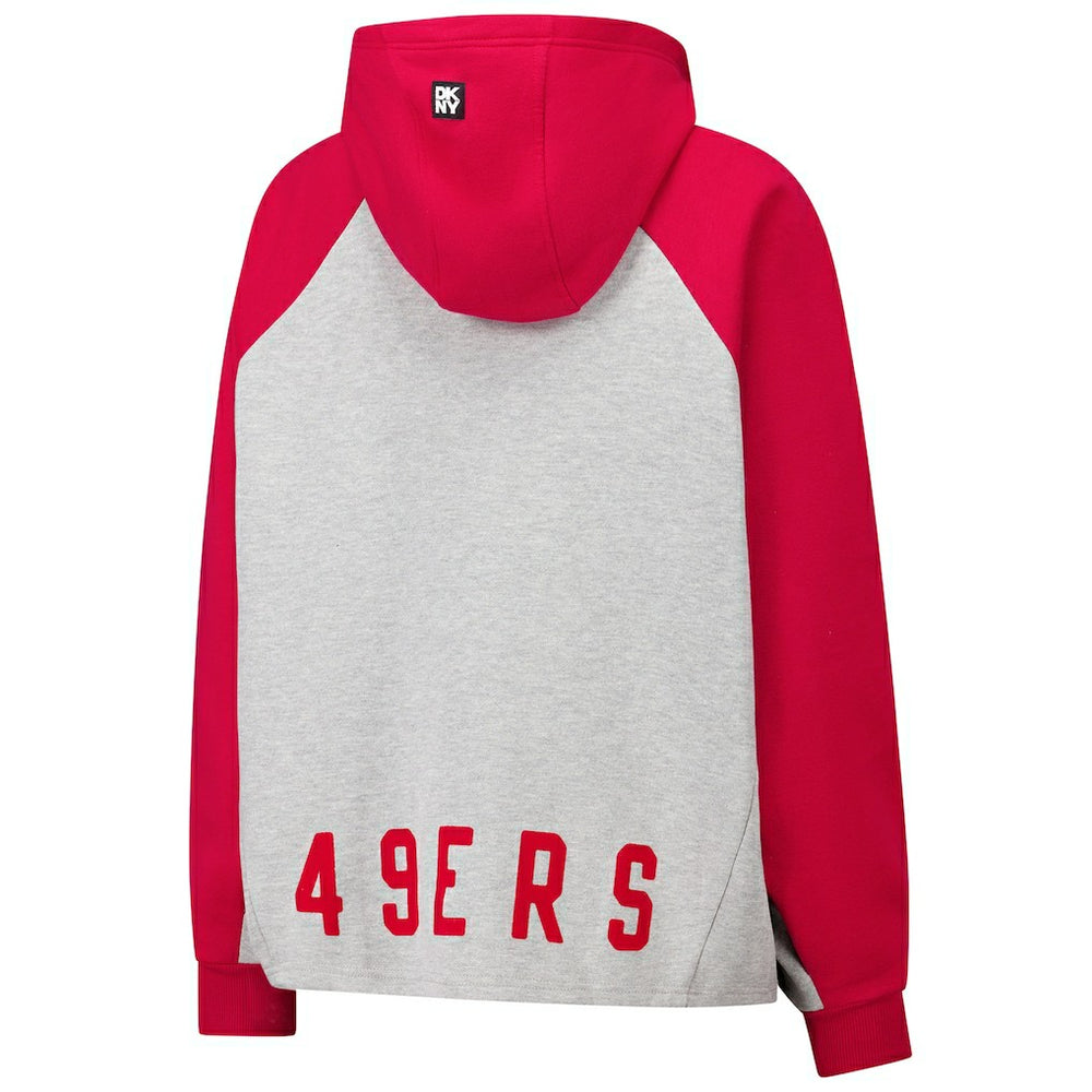 San Francisco 49ers DKNY Sport Women's Joy Cropped Raglan Pullover Hoodie - Gray/Scarlet