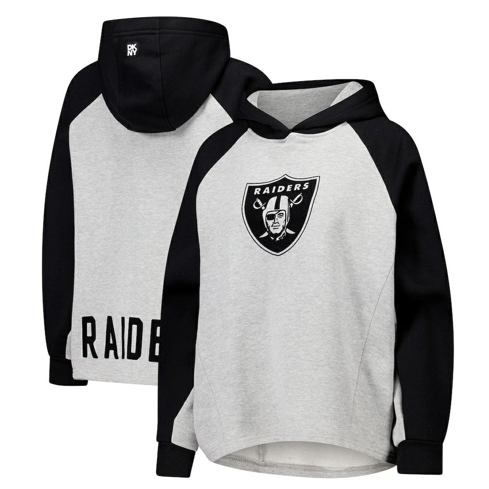 Las Vegas Raiders DKNY Sport Women's Joy Cropped Raglan Pullover Hoodie - Gray/Black
