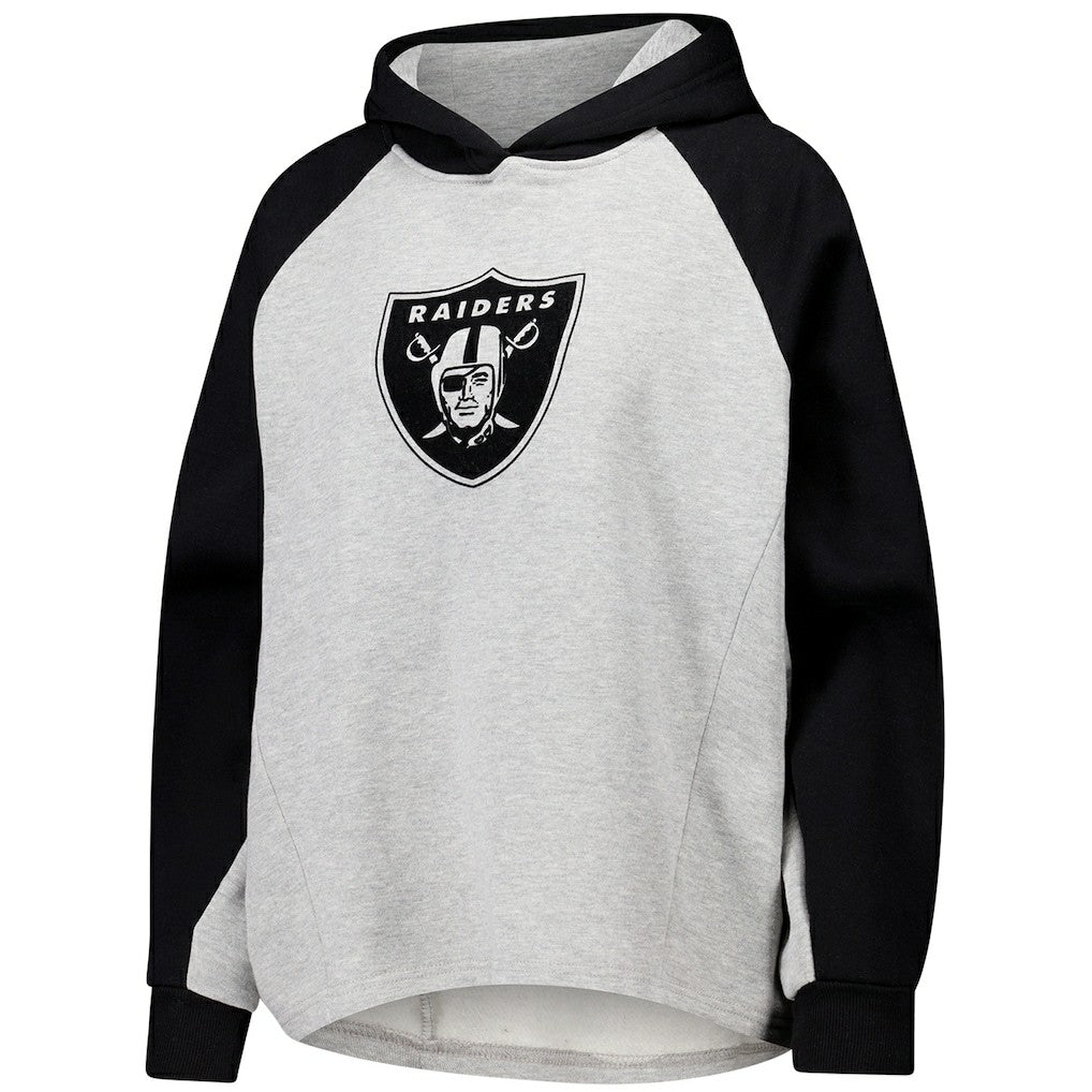 Las Vegas Raiders DKNY Sport Women's Joy Cropped Raglan Pullover Hoodie - Gray/Black