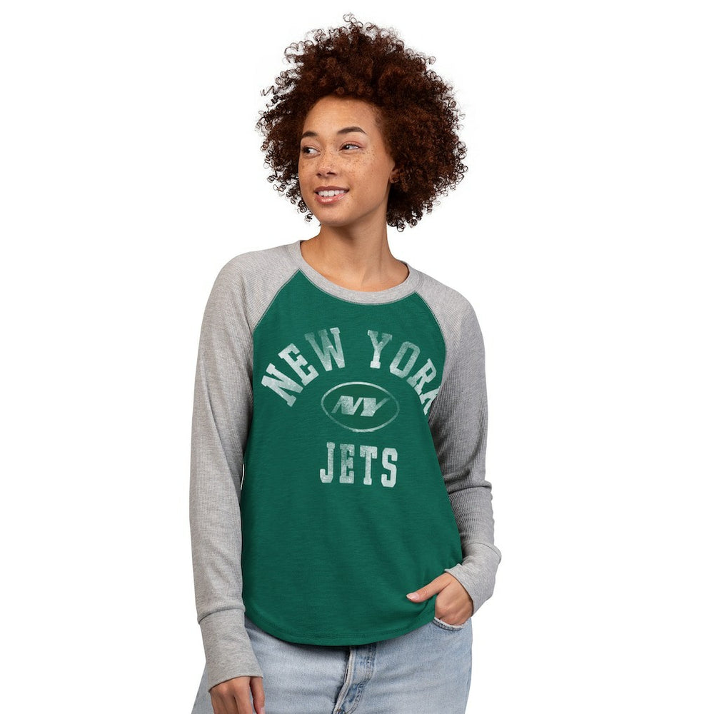 New York Jets G-III 4Her by Carl Banks Women's Waffle Knit Raglan Long Sleeve T-Shirt Green/Heather Gray