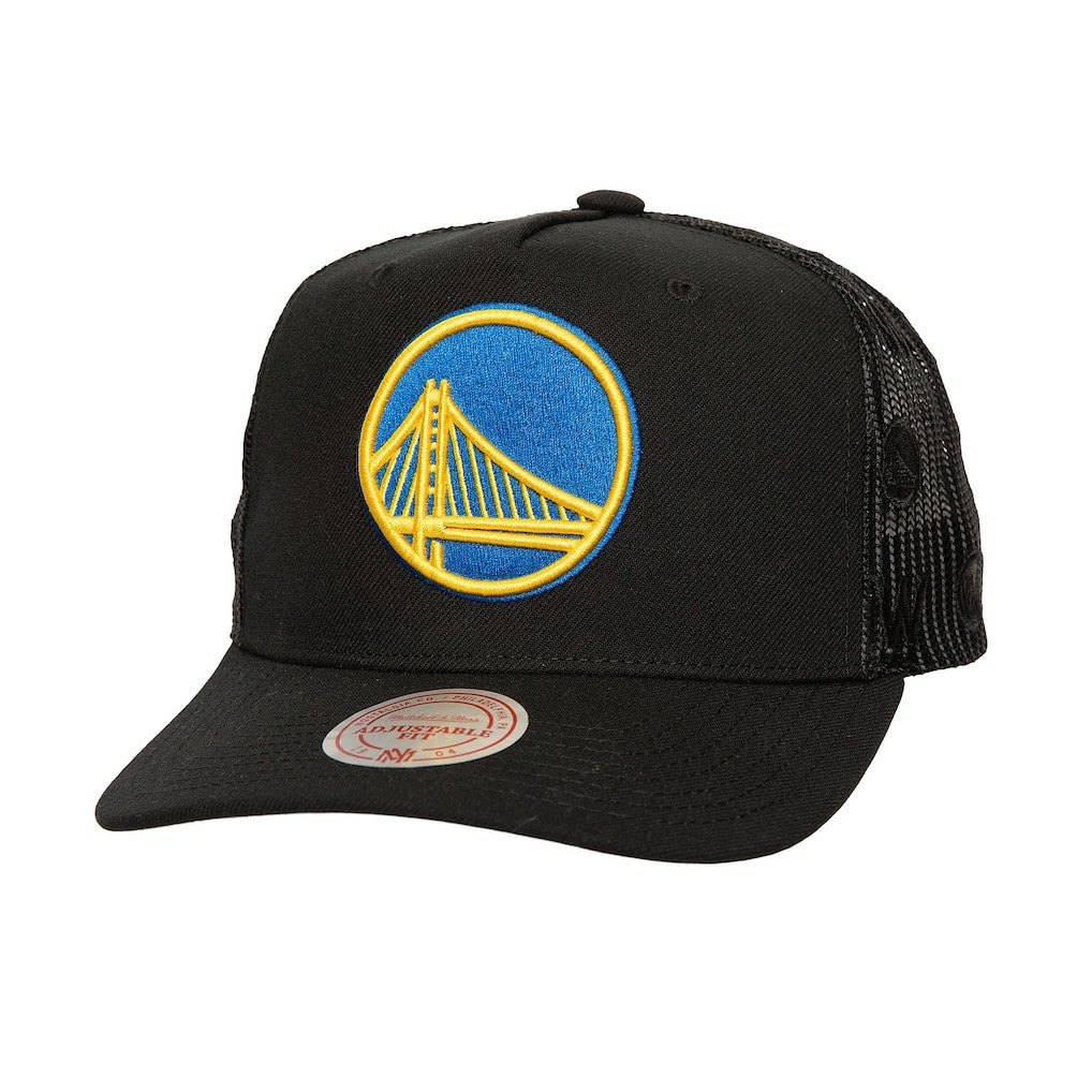 Golden State Warriors Monogram Allover Logo Mesh Trucker Adjustable Hat for sale Black | Mitchell & Ness Near Me