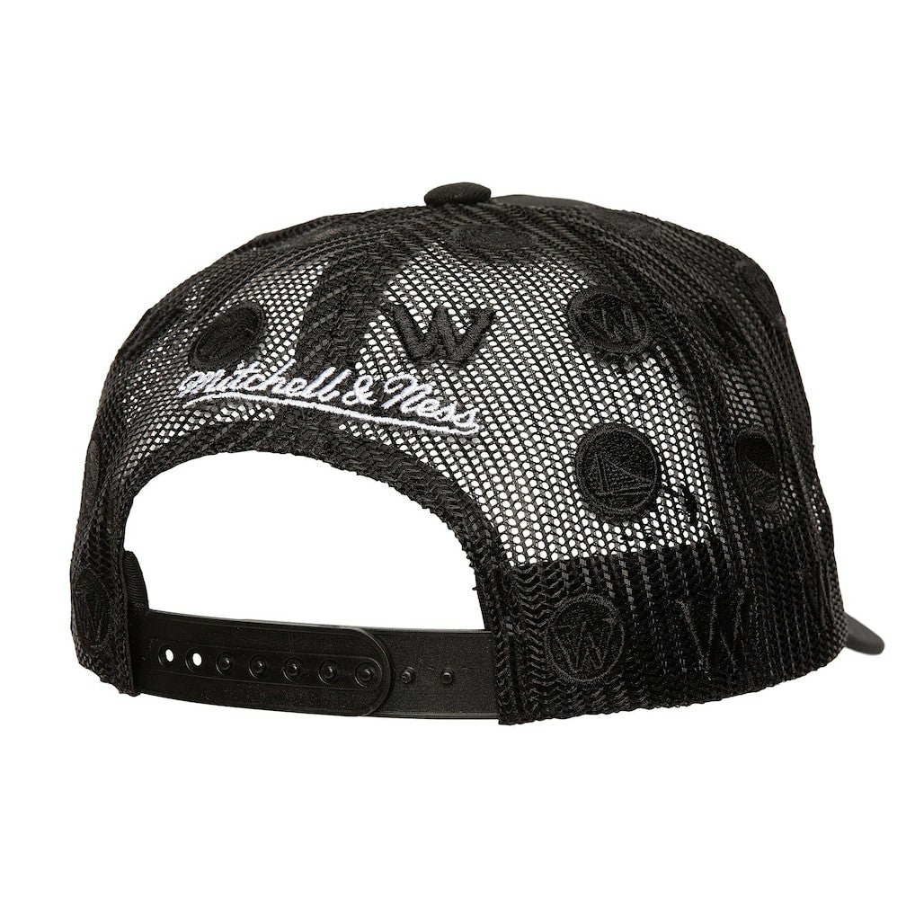Golden State Warriors Monogram Allover Logo Mesh Trucker Adjustable Hat for sale Black | Mitchell & Ness Near Me